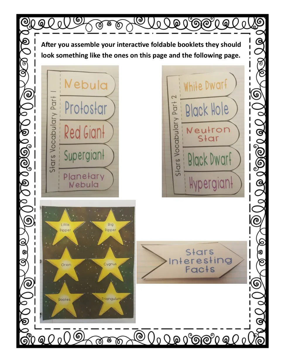 Assembled star booklets shown in photos: vocabulary flaps, constellation stars on a sky page and an Interesting Facts arrow