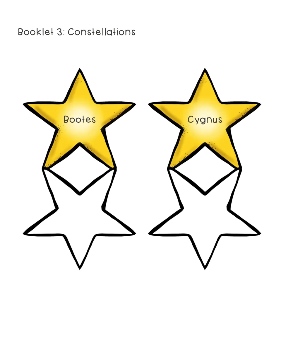 Constellation cut-out star booklets labeled Bootes and Cygnus; students fold each star and draw the constellation inside