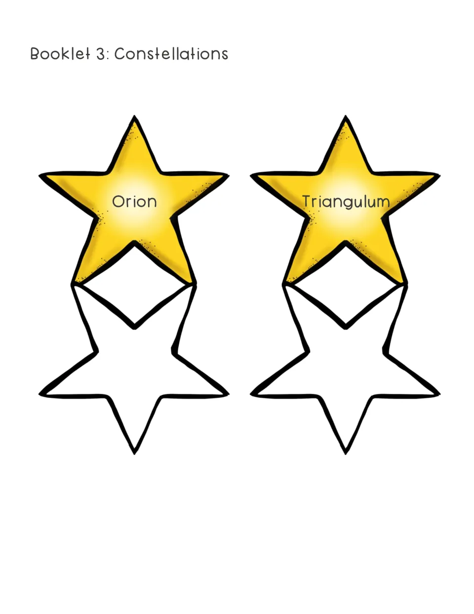 Constellation cut-out star booklets labeled Orion and Triangulum, each folding open so students can sketch the star pattern