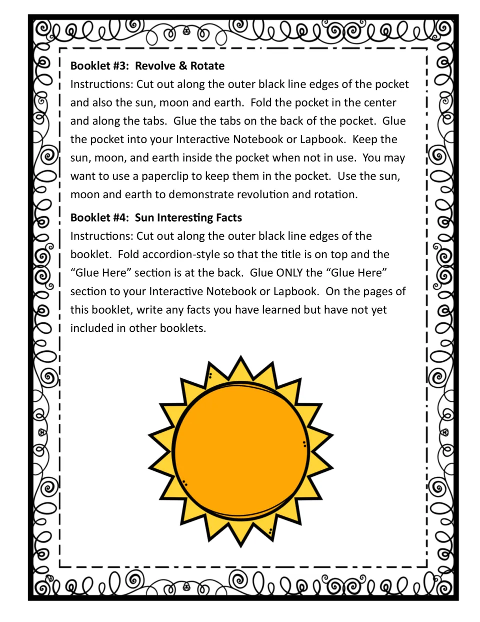 Assembly directions for the Revolve & Rotate pocket and accordion-style Sun Interesting Facts booklet