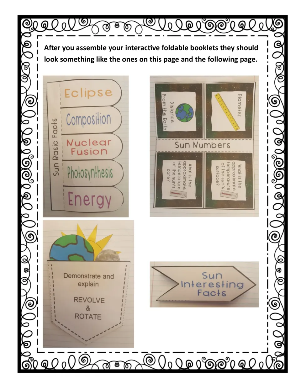 Completed examples of all four Sun booklets show fact flaps, measurement flaps, a pocket, and an accordion fold