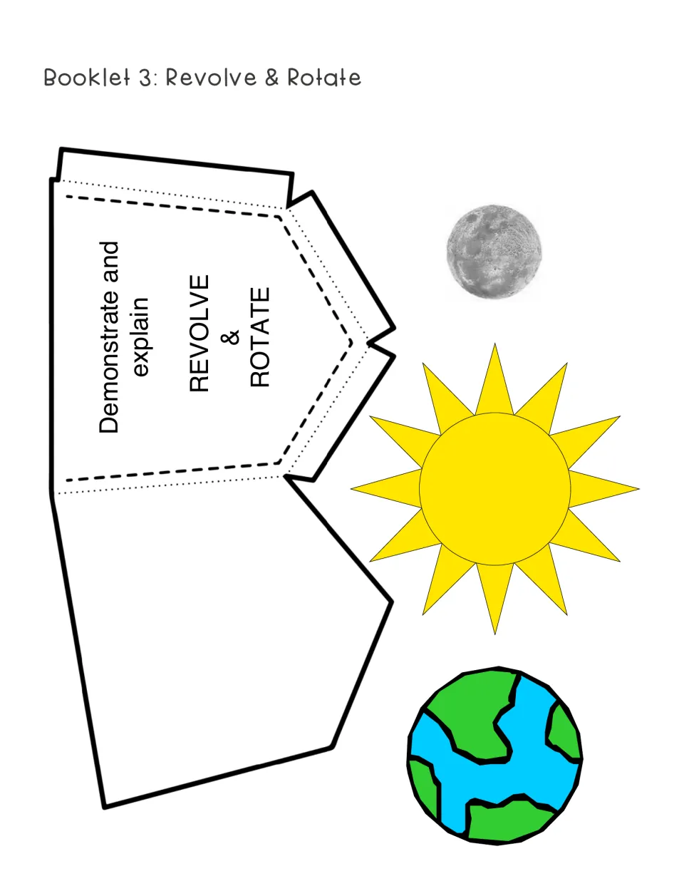 Revolve & Rotate booklet template includes a storage pocket and Sun, Moon, and Earth cutouts for demonstrations
