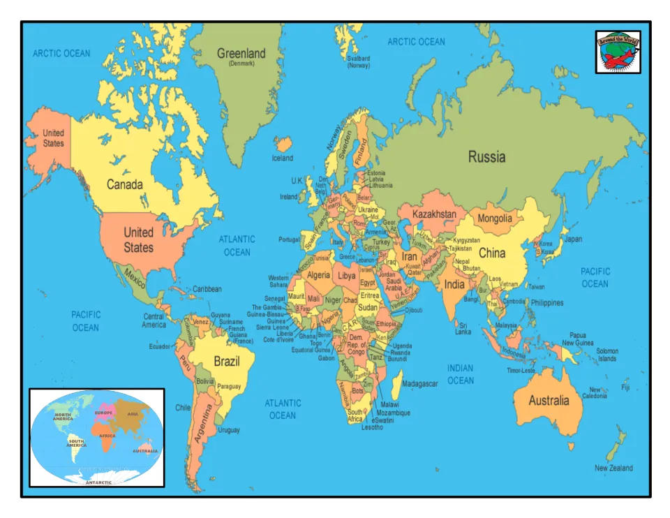 Color world political map labeling countries and oceans, with an inset map naming the continents for reference
