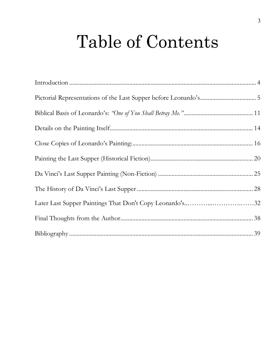 Table of contents listing earlier Last Supper art, biblical context, Leonardo’s painting, copies, and history