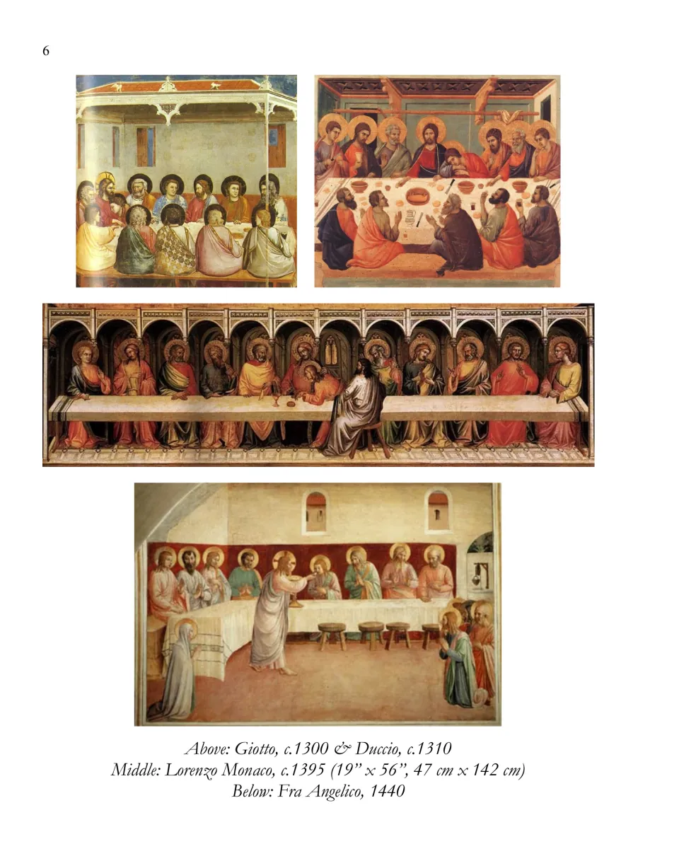 Earlier Last Supper reproductions by Giotto, Duccio, Lorenzo Monaco, and Fra Angelico, dated circa 1300–1440
