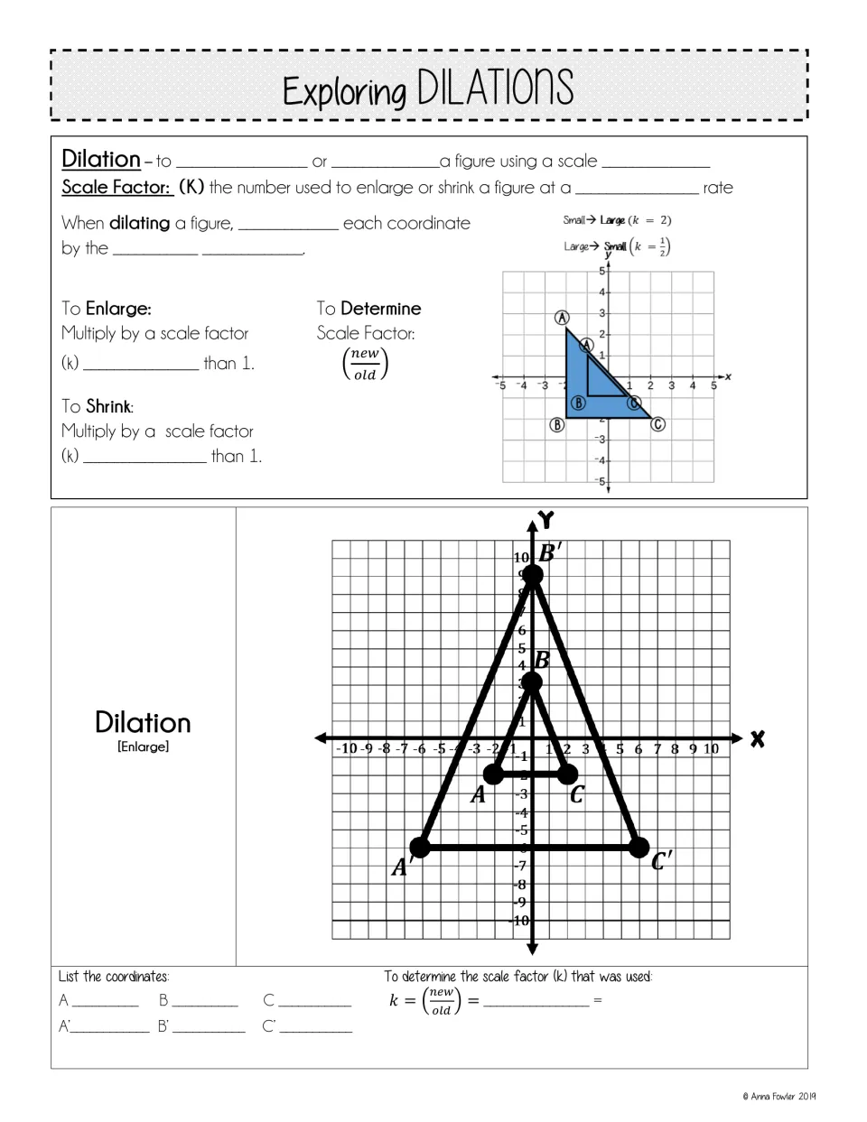 Dilation guided notes: students fill in scale factor rules, then list coordinates of an enlarged triangle and find k