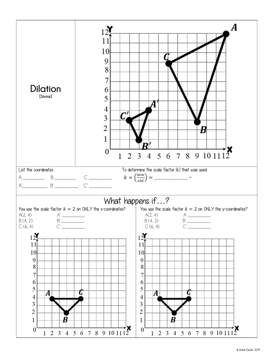 Shrinking dilation: students list coordinates and find k, then test k = 2 on only x or only y coordinates of triangle ABC