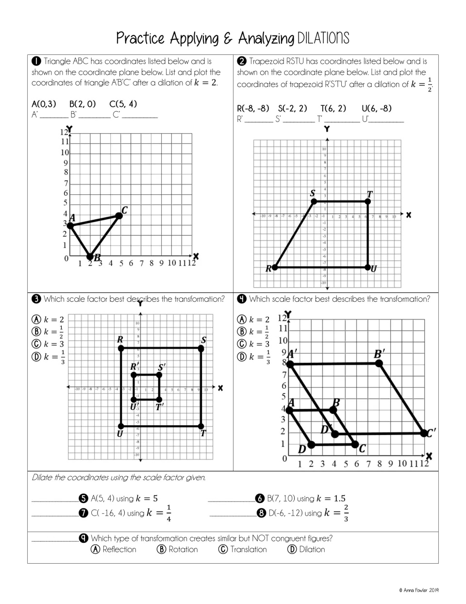 Dilations practice: students plot images for k = 2 and k = 1/2, identify scale factors from graphs and dilate four points