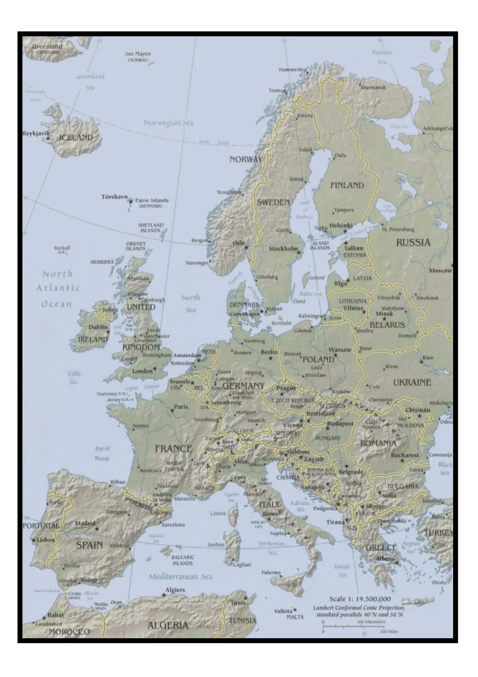 Europe map reference sheet showing country borders, capitals including Paris and Rome, and major seas.