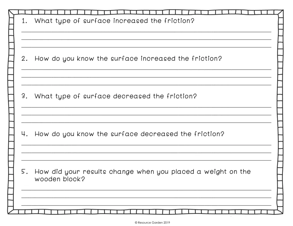 Friction reflection: 5 questions on which surfaces raised or lowered friction, how students know, and effect of weight