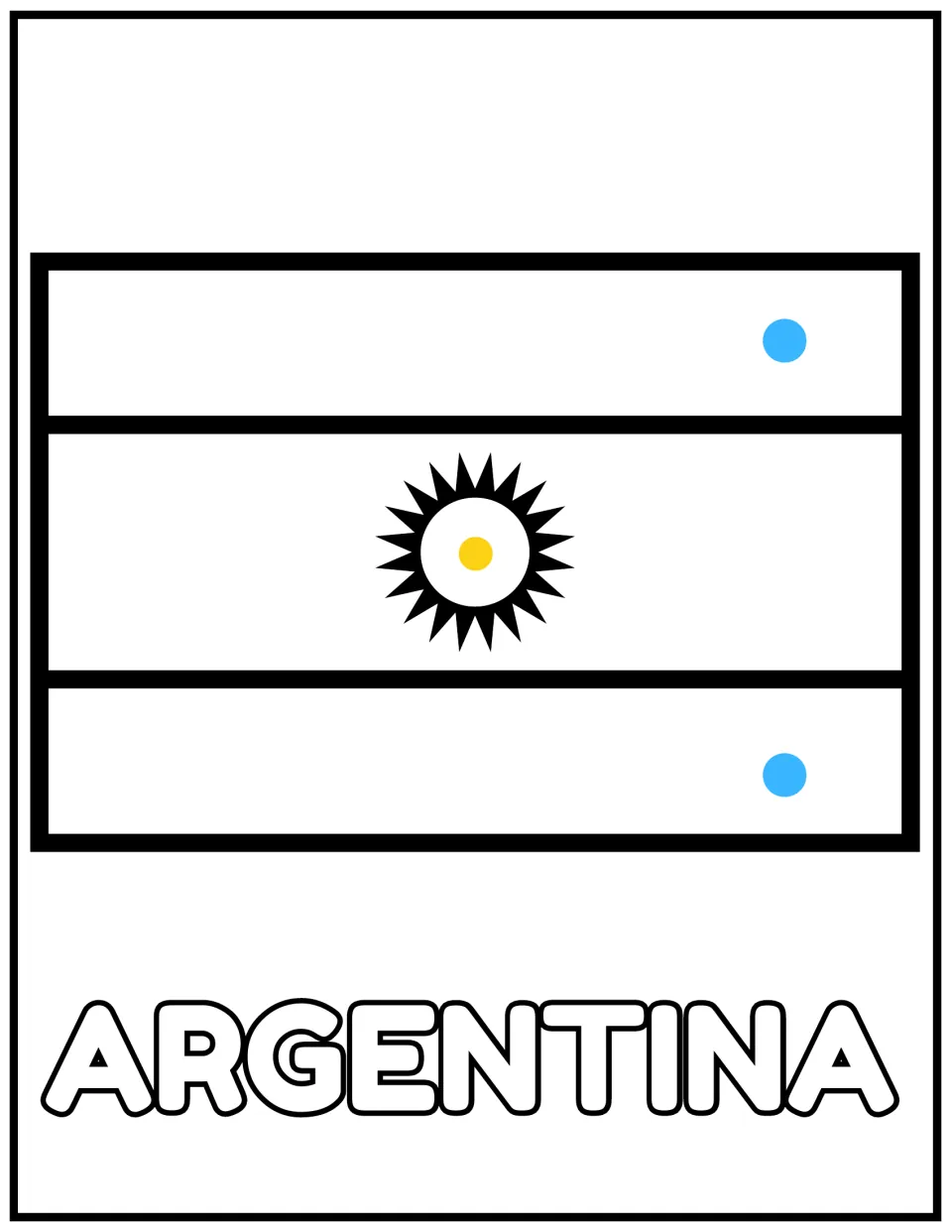 Argentina flag to color: light blue dots mark the top and bottom stripes, and a yellow dot marks the sun in the center