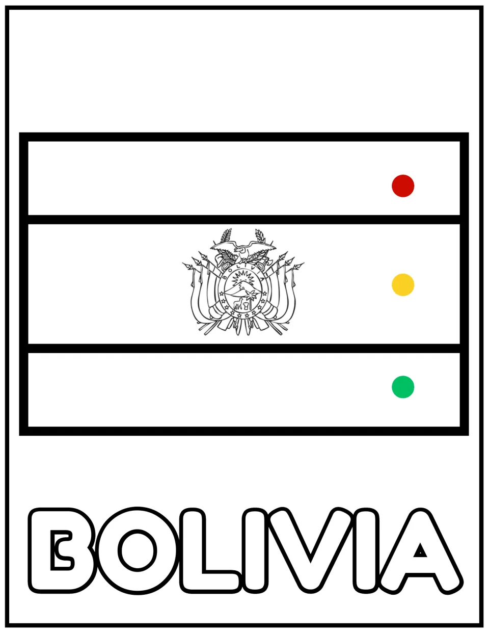 Bolivia flag to color: red, yellow and green dots show each stripe's color, with the coat of arms in the middle band