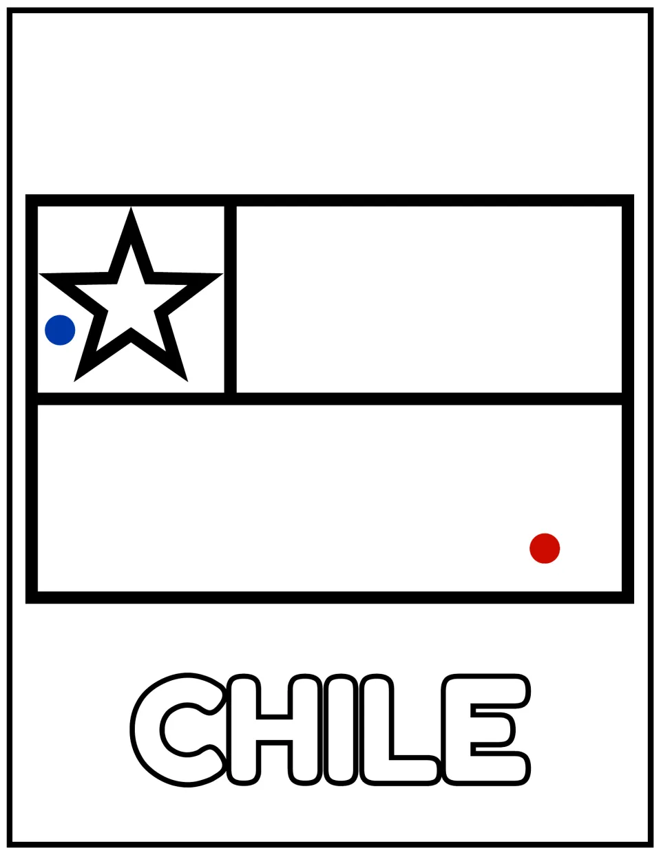 Chile flag to color: a blue dot marks the square behind the white star, and a red dot marks the lower half of the flag