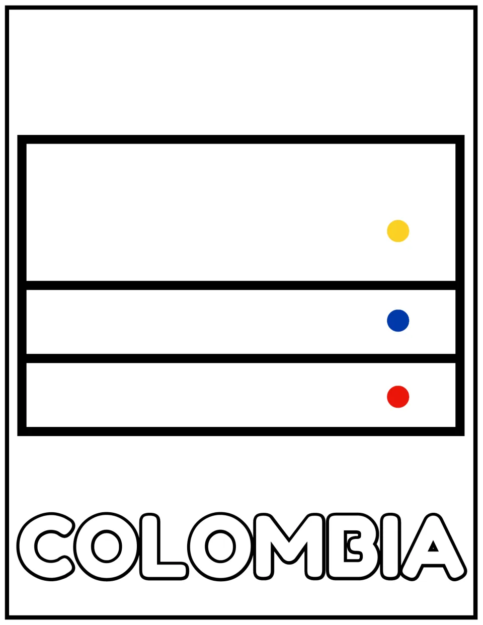 Colombia flag to color: yellow, blue and red dots key the three stripes, with the wide yellow stripe across the top