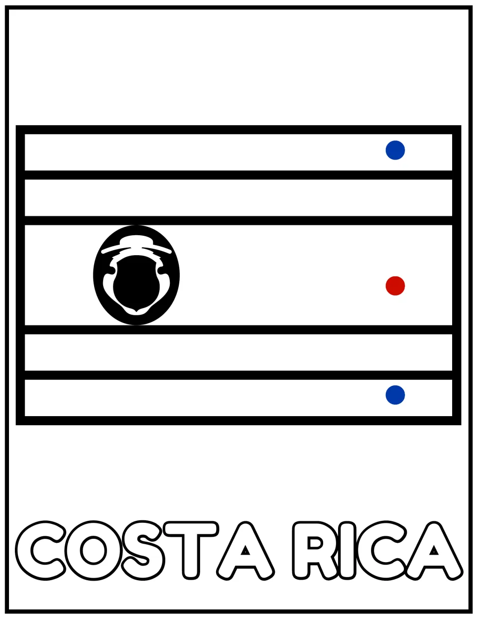 Costa Rica flag to color: blue dots on the outer stripes and a red dot on the wide middle band beside the coat of arms