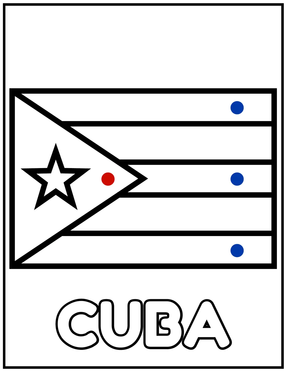 Cuba flag to color: blue dots mark three stripes and a red dot marks the triangle holding the white star at the left