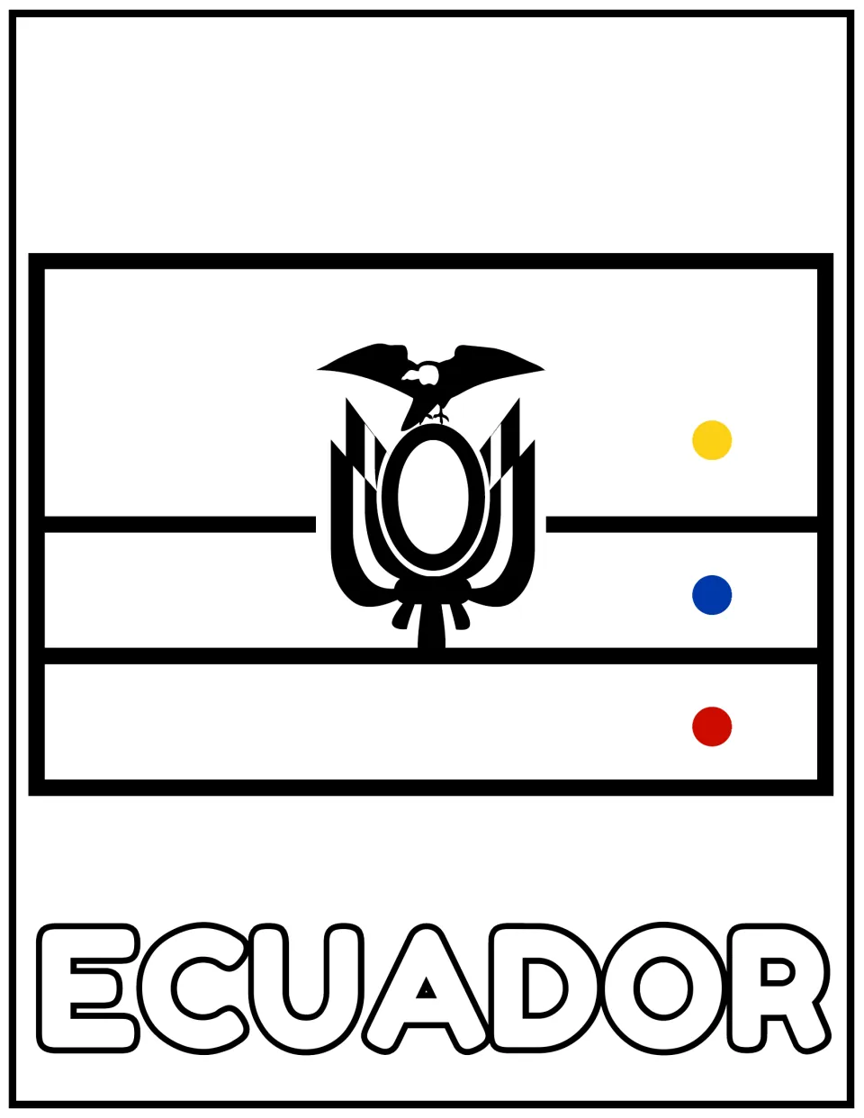 Ecuador flag to color: yellow, blue and red dots key the stripes, with the condor-topped coat of arms at the center