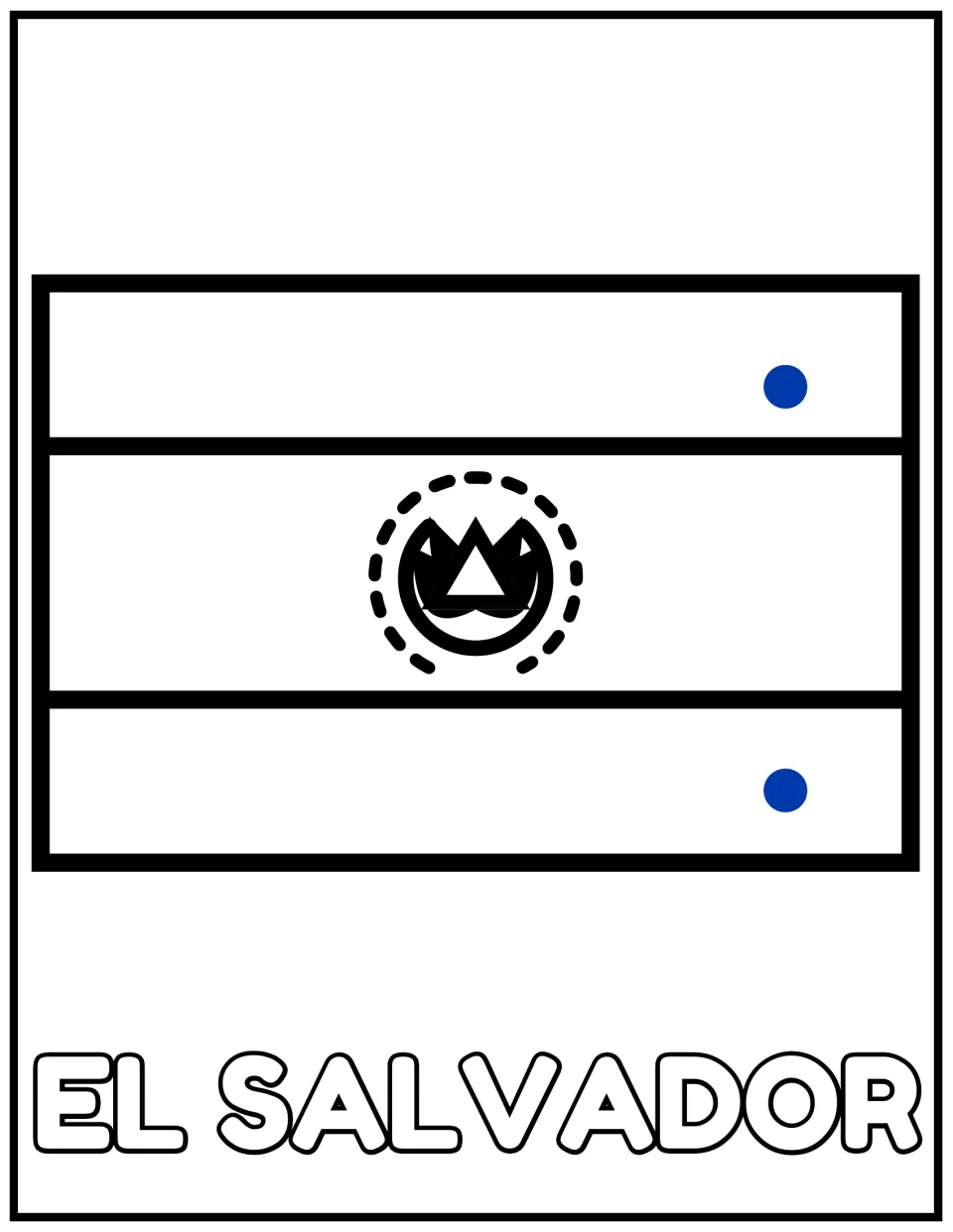 El Salvador flag to color: blue dots mark the top and bottom stripes, and the white center stripe holds a round emblem