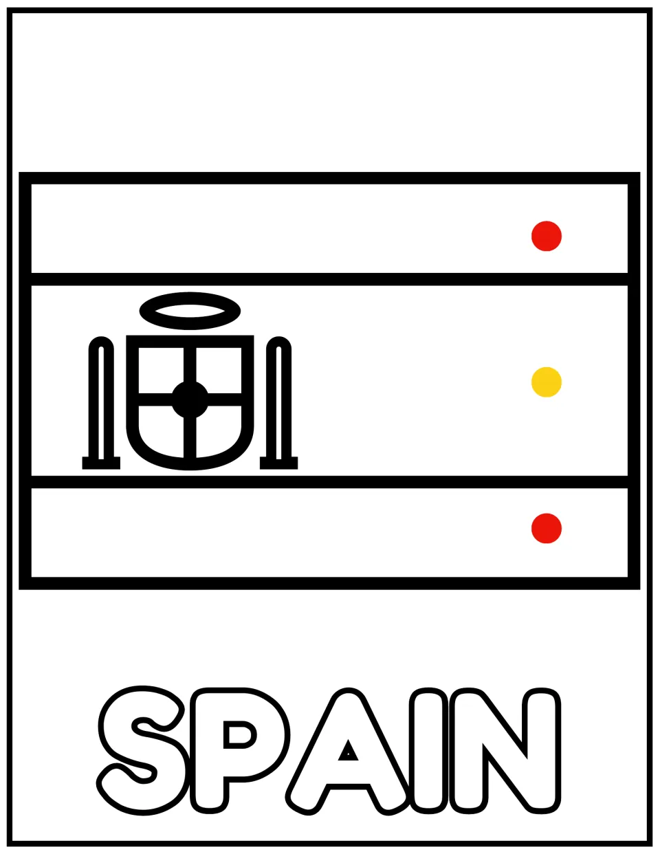 Spain flag to color: red dots on the outer stripes, a yellow dot on the middle band, and the coat of arms at left