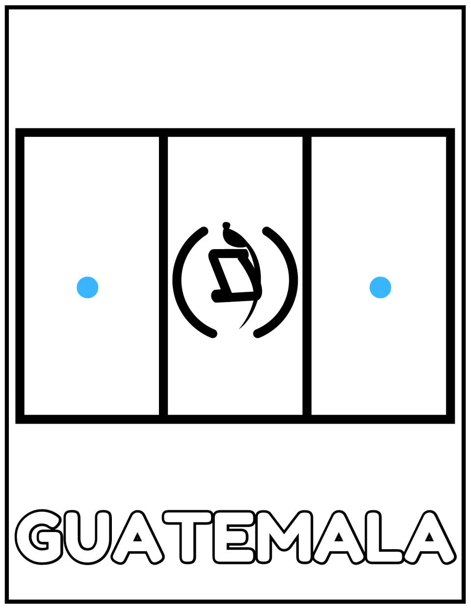 Guatemala flag to color: light blue dots mark the two outer vertical bands, and the white center band holds the emblem