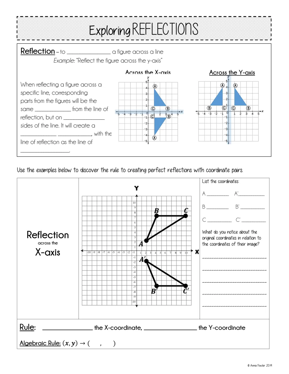 Reflection notes: students complete the definition, then list triangle coordinates to find the x-axis reflection rule