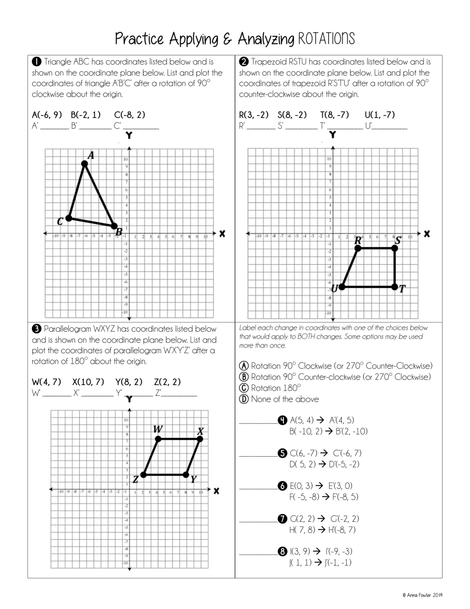 Rotation practice: students plot a triangle, trapezoid and parallelogram after turns, then match coordinate changes A–D