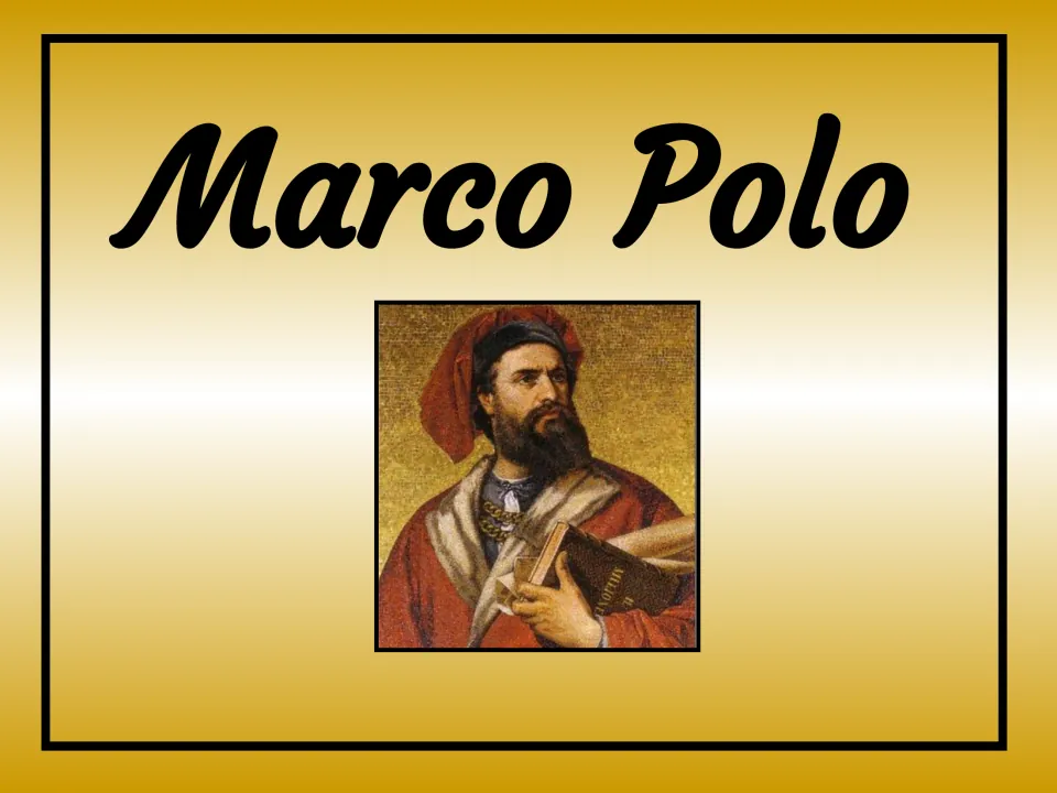 Marco Polo section opener featuring his name and a portrait of the traveler holding a book in his hand