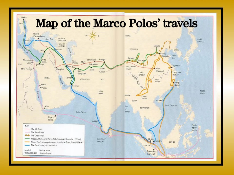 Map slide tracing Marco Polo's travels from Venice across Asia, journeys in China, and his return by sea