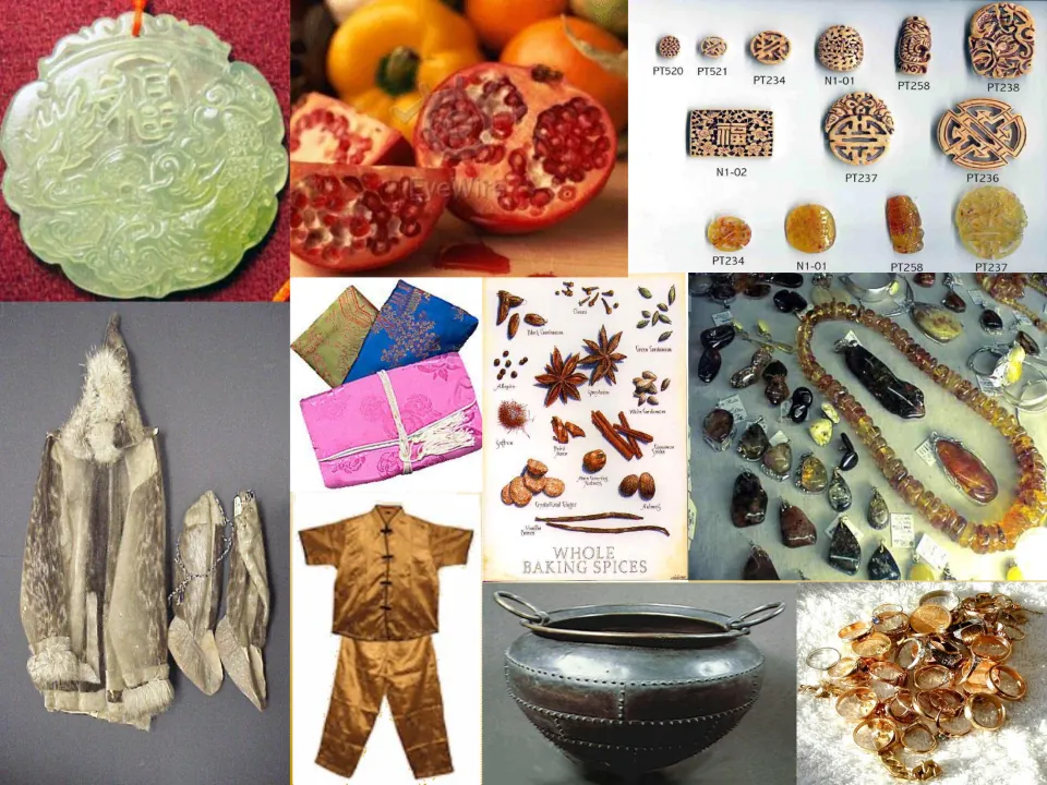 Commodities picture slide illustrating traded goods with jade, pomegranates, silk, spices, furs, and jewelry