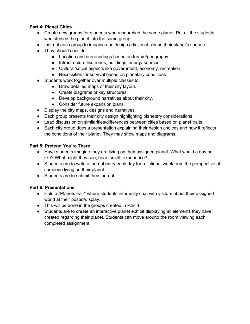 Project parts 4–6: design planet cities, write a fictional week of journal entries, and present a Planets Fair.
