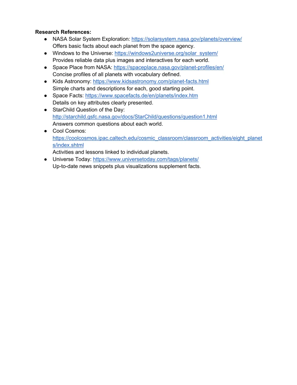 Research references for the solar system project, including NASA, Windows to the Universe, and Cool Cosmos.