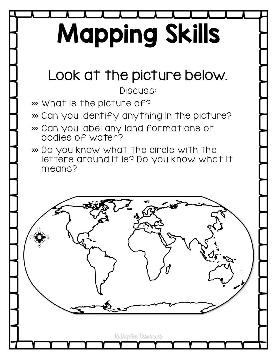 Mapping Skills discussion page asking students to identify a world map, land, water, and a compass rose