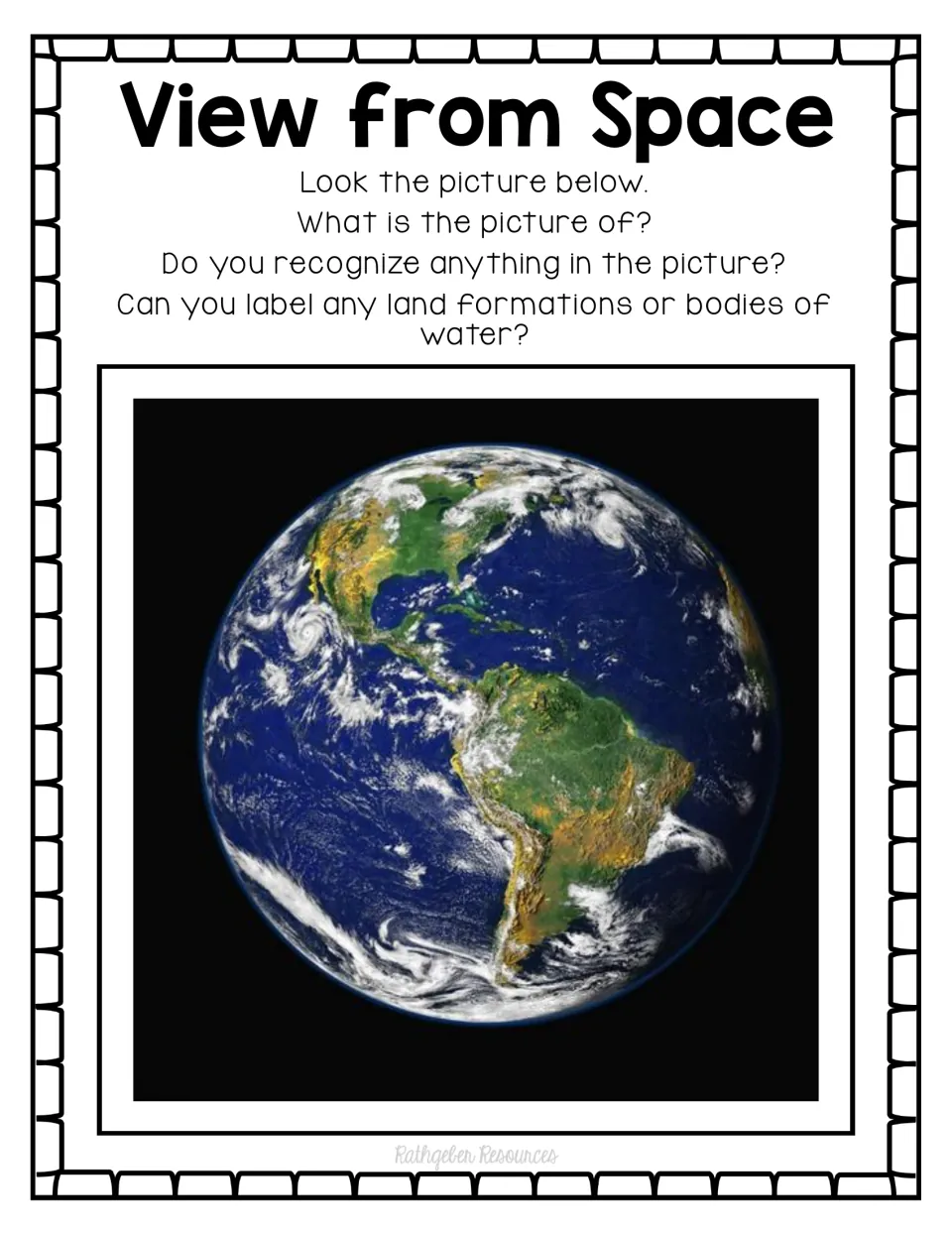 View from Space activity uses an Earth photograph to ask students to recognize land and bodies of water