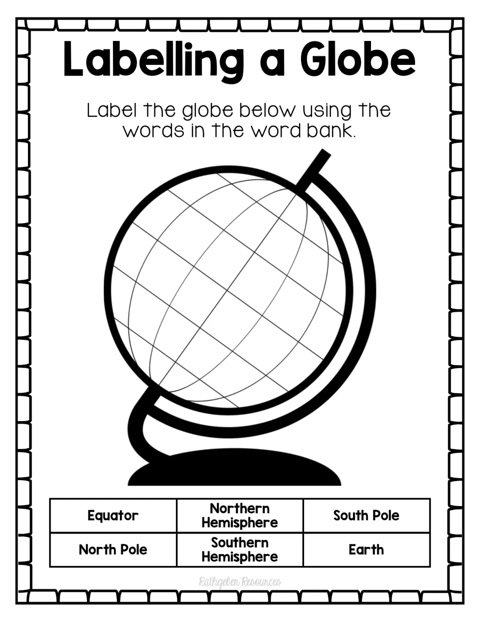 Globe labeling activity with six word bank terms: equator, both hemispheres, North and South Poles, and Earth