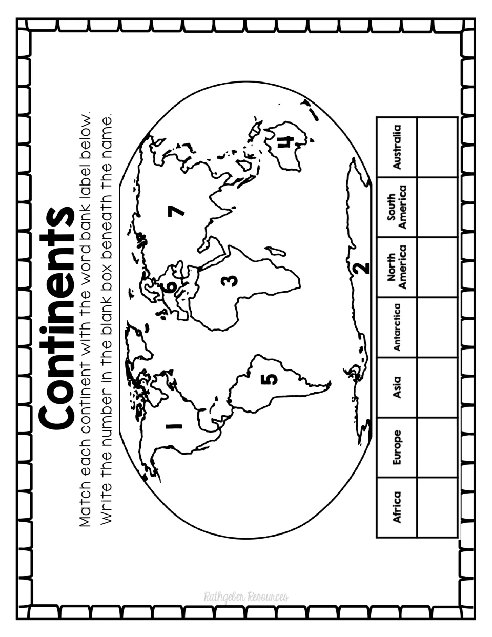 Continent matching activity asks students to match seven numbered continents on a world map to their names