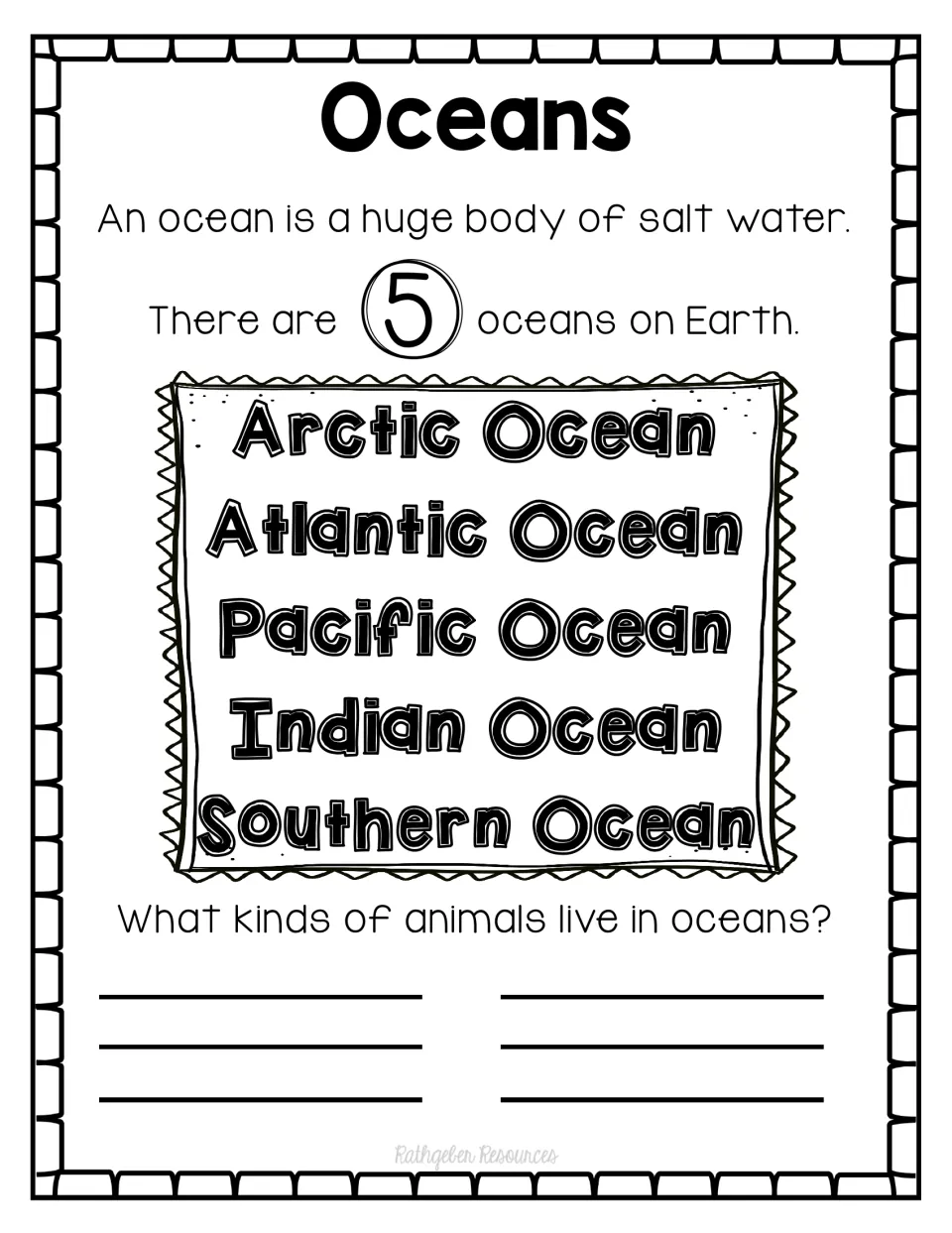 Oceans introduction defines an ocean, names Earth's five oceans, and asks which animals live in them