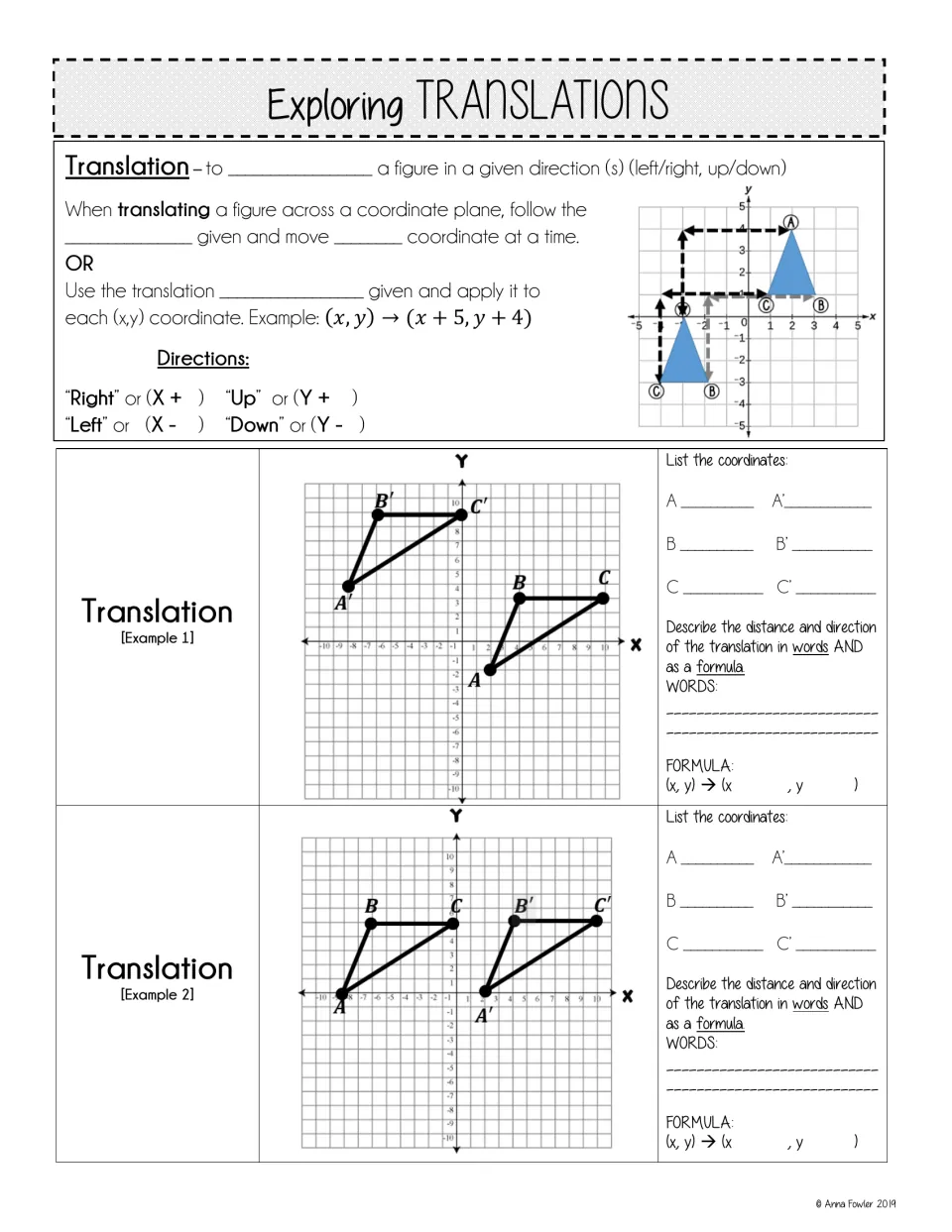 Translation guided notes: students fill in the definition and rules, then list coordinates and write rules for 2 examples