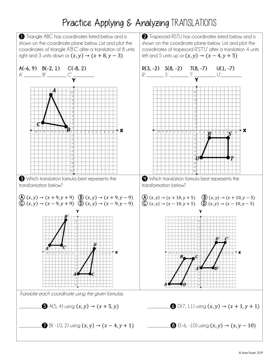 Translations practice: students plot images of a triangle and trapezoid, choose matching formulas and translate 4 points