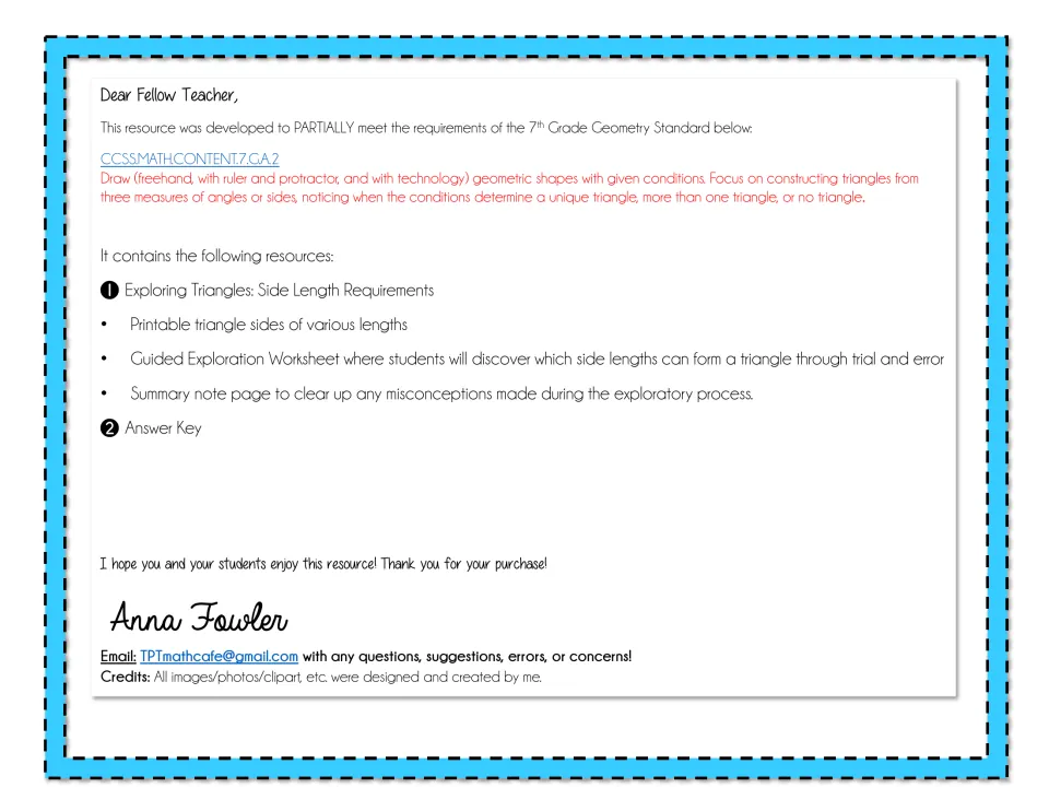 Teacher note for the side-length activity: lists printable side strips, a guided exploration sheet, notes and answer key