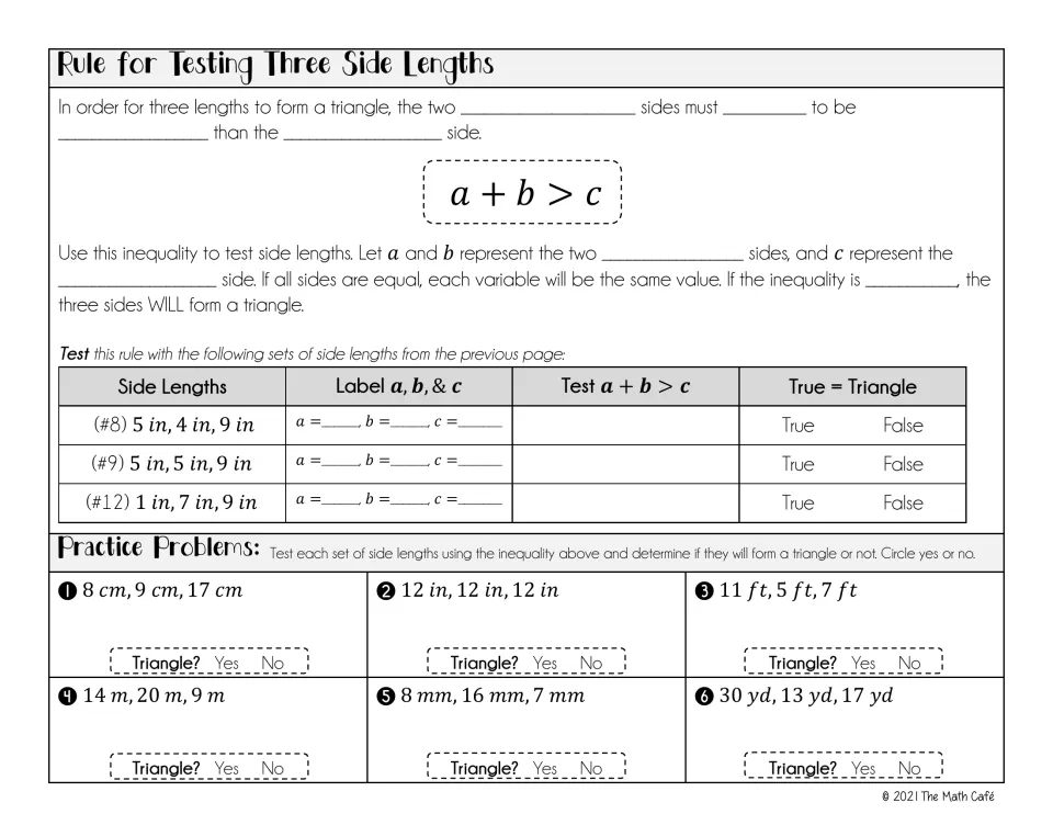 Triangle inequality notes: fill in the a + b > c rule, test sets 8, 9 and 12, then solve six yes-or-no practice problems