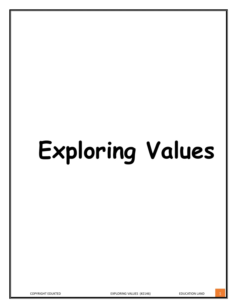 Exploring Values cover: title page in large print for a set of personal values reflection worksheets by Education Land