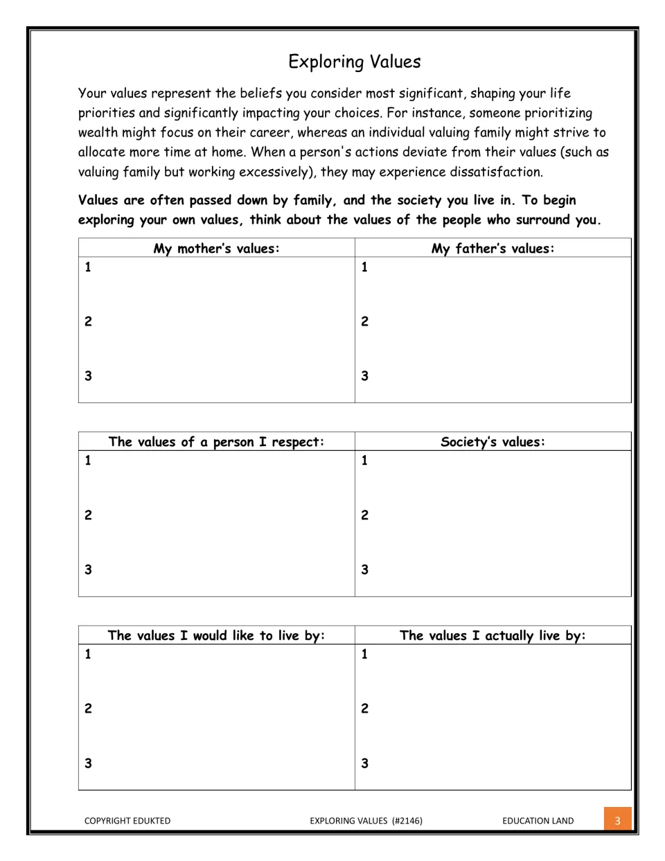 Values intro: students list 3 values each for mother, father, a respected person, society, ideal self and actual self