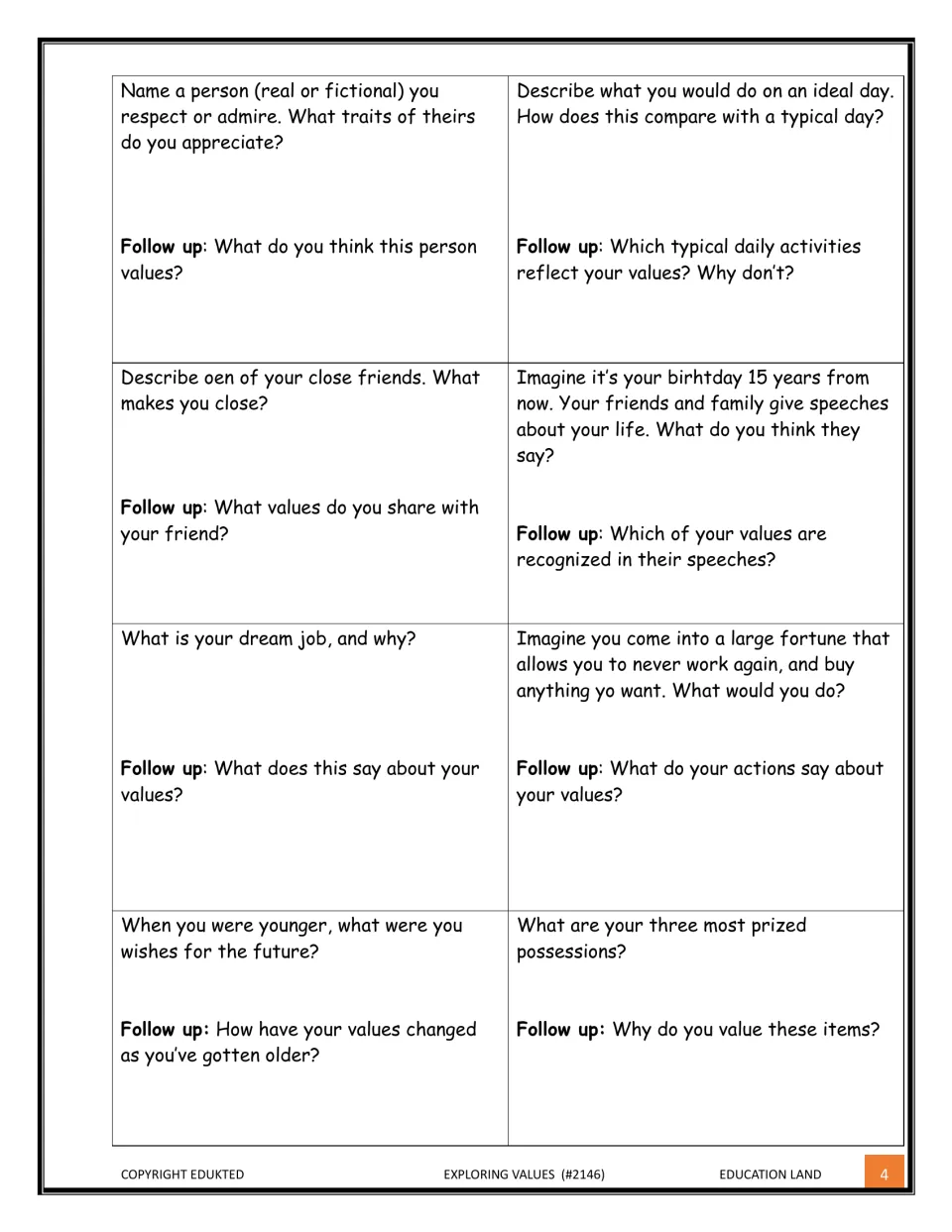 Values reflection prompts with follow-ups: admired person, ideal day, close friend, future birthday speeches, dream job