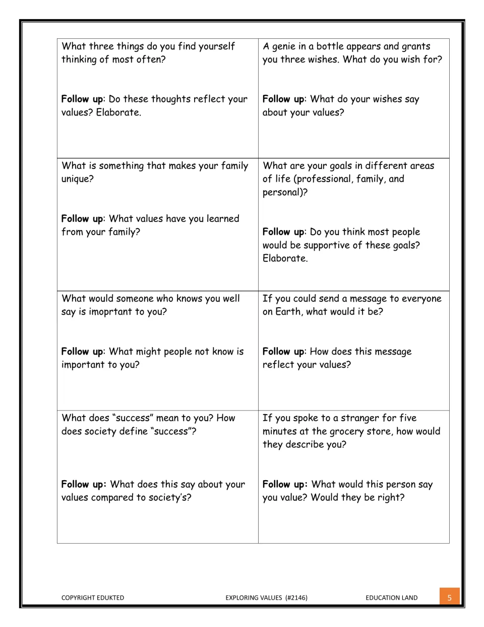 More self-reflection prompts with follow-ups: genie's wishes, family, life goals, message to Earth, defining success