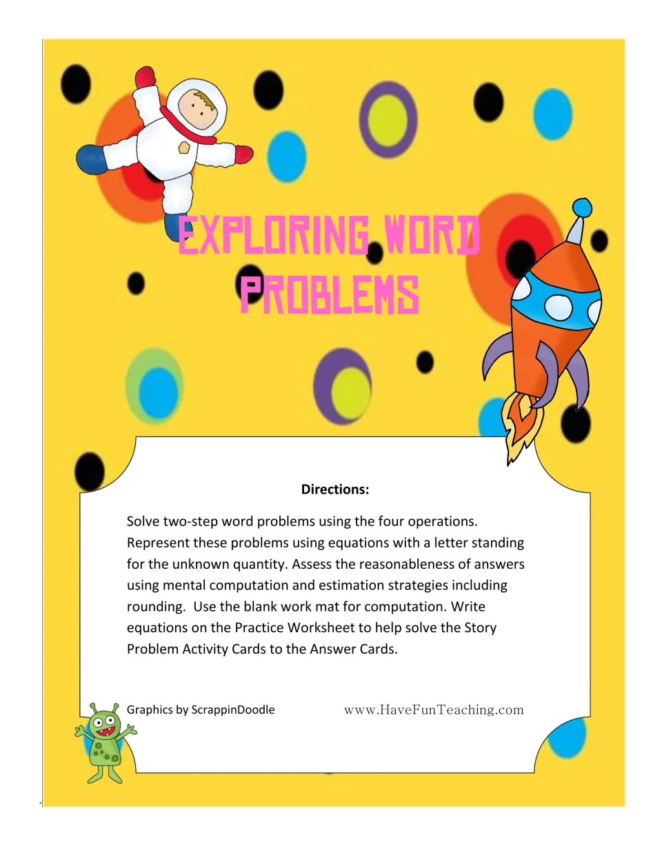 Exploring Word Problems cover with space art and directions to solve two-step problems, write equations and match answers