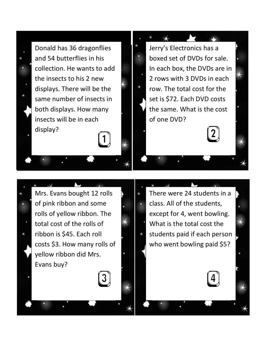 Story problem cards 1-4: students solve two-step problems on insect displays, DVD prices, ribbon rolls and bowling costs