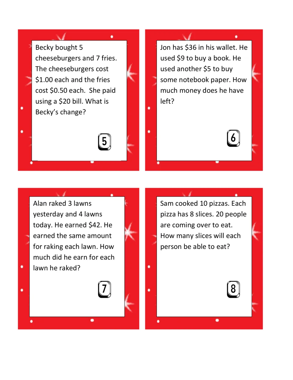 Story problem cards 5-8: making change for a meal, money left in a wallet, earnings per lawn and pizza slices per person