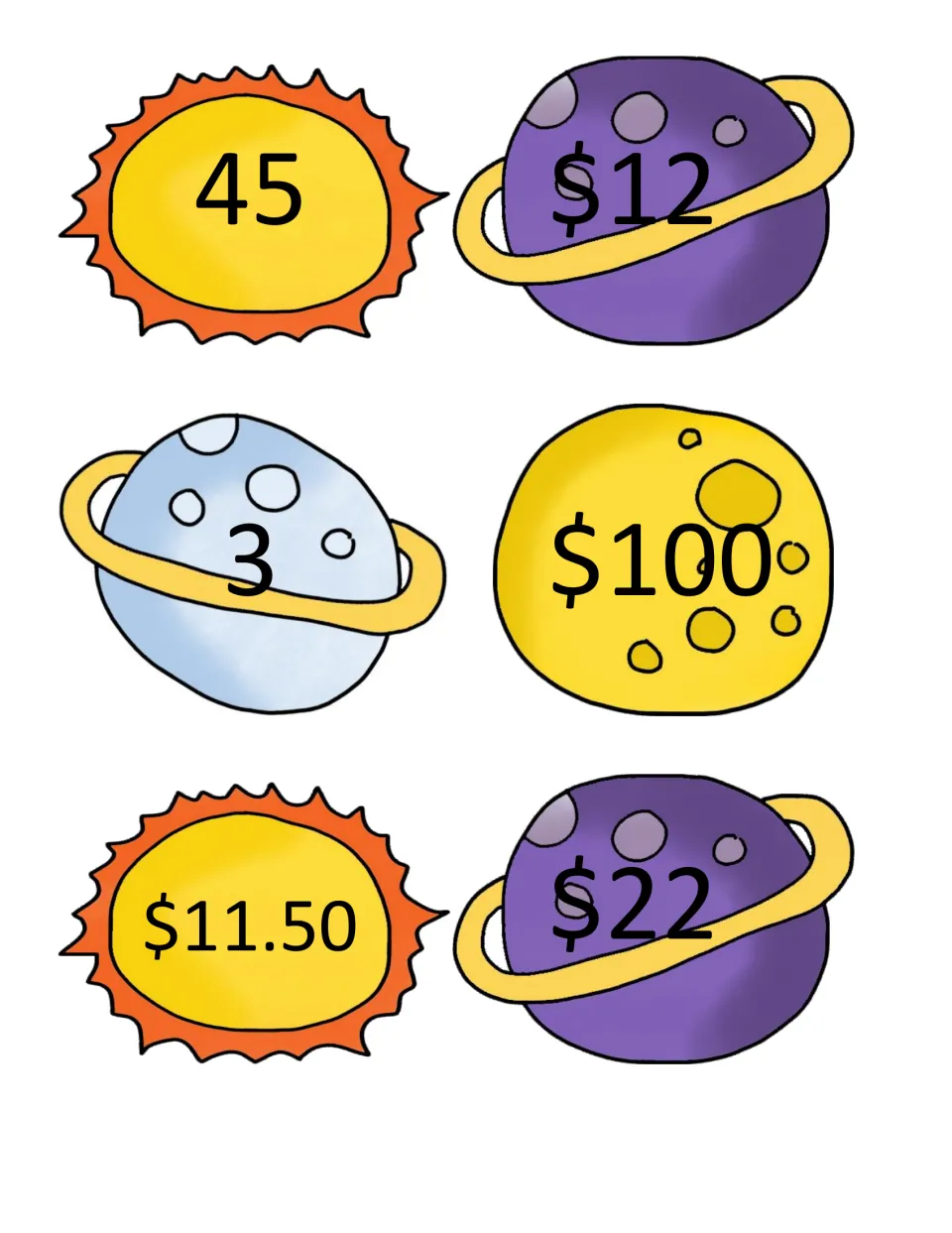 Answer cards shaped like suns and planets showing 45, $12, 3, $100, $11.50 and $22 for matching to the story problems