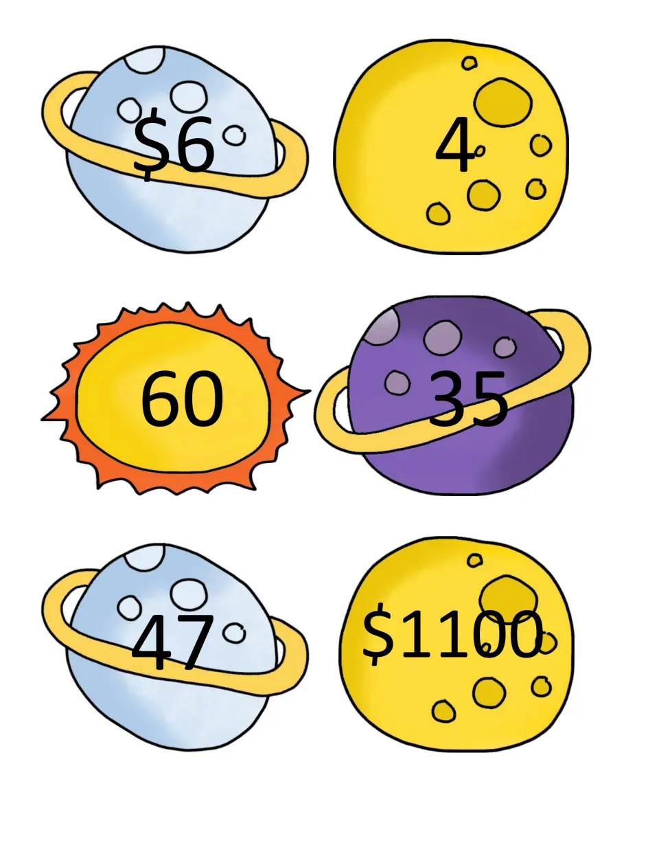Second set of planet and moon answer cards showing $6, 4, 60, 35, 47 and $1100 to match with the remaining story problems