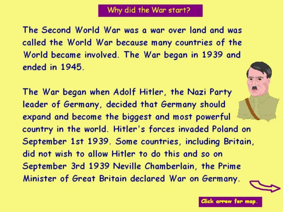 War outbreak slide explains Hitler's expansion plans, the invasion of Poland, and Britain's declaration of war